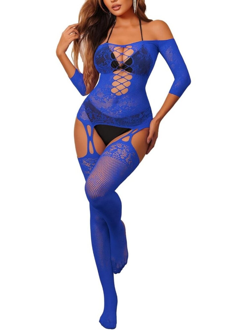 Women's Body Stocking Blue Fishnet Sleeveless Nightwear Attached Soft Outfits